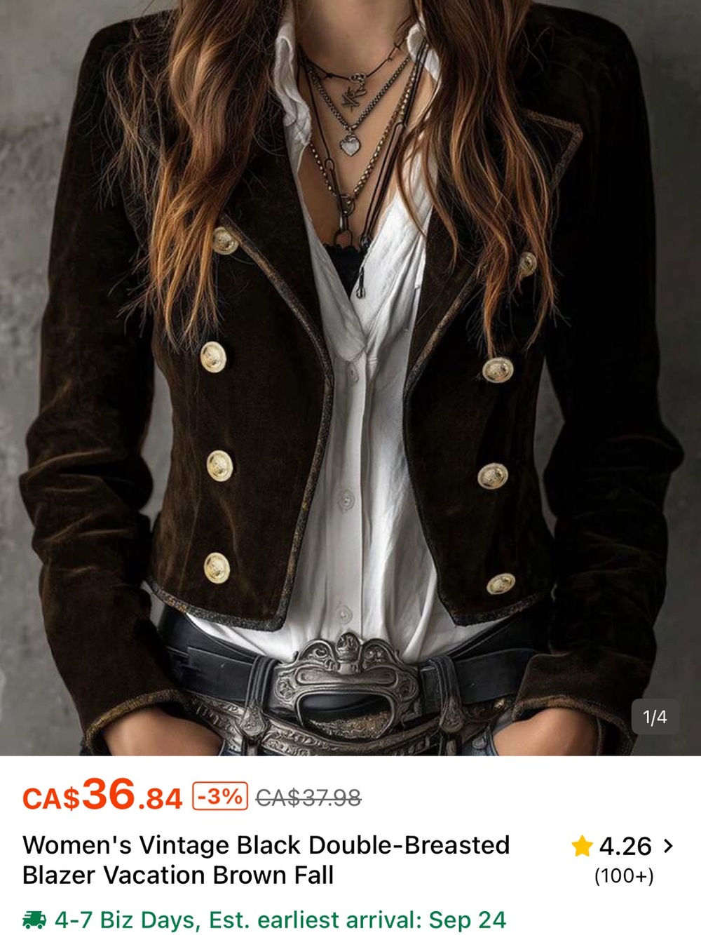 SHEIN Brown Double-Breasted Velvet Blazer with Gold Buttons